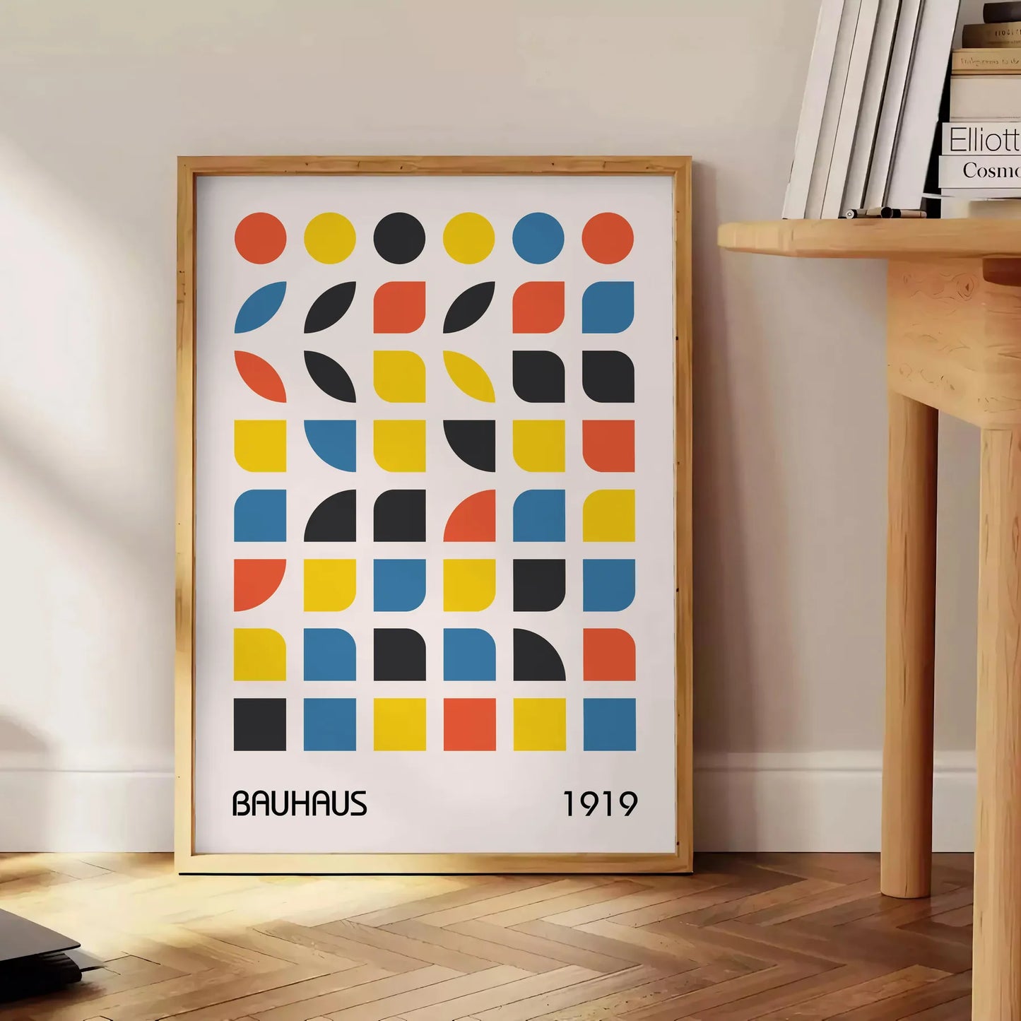 space captivating Bauhaus poster dynamic interplay orange blue striking piece artwork perfect wall art addition unique gift enthusiasts frame modern masterpiece decor