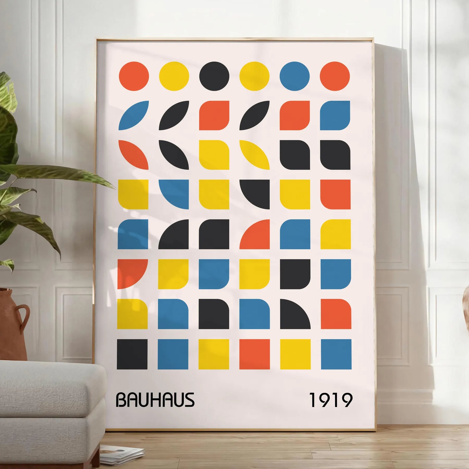 space captivating Bauhaus poster dynamic interplay orange blue striking piece artwork perfect wall art addition unique gift enthusiasts frame modern masterpiece decor