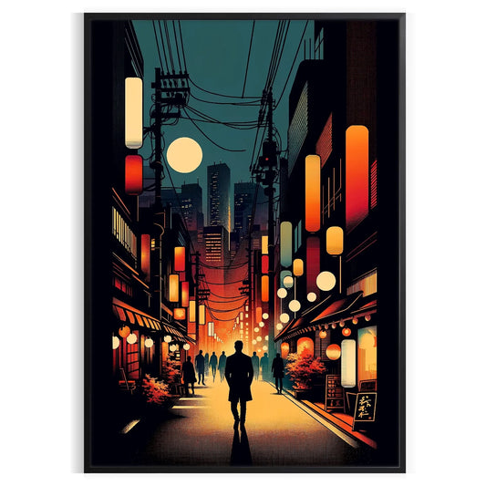 vibrant energy Japan cityscape striking poster bold orange black hues perfect wall art modern space unique gift stylish addition décor frameless convenience