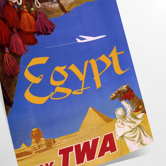 allure ancient Egypt captivating TWA travel poster vibrant blend gray green artwork touch vintage charm space unique gift stylish wall art print available frame