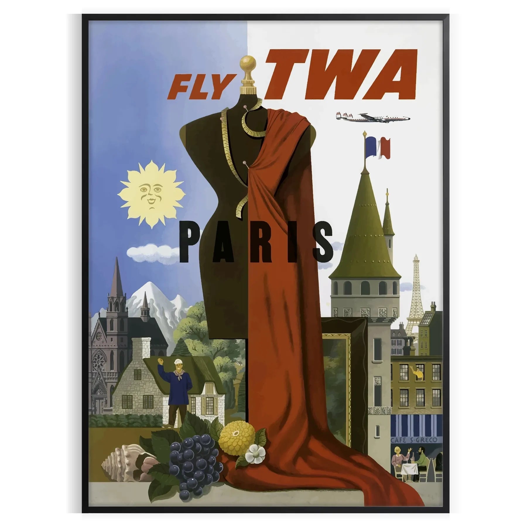 space stunning Paris Fly TWA travel poster vibrant black green hues wall art unique gift captivating artwork timeless allure unframed options