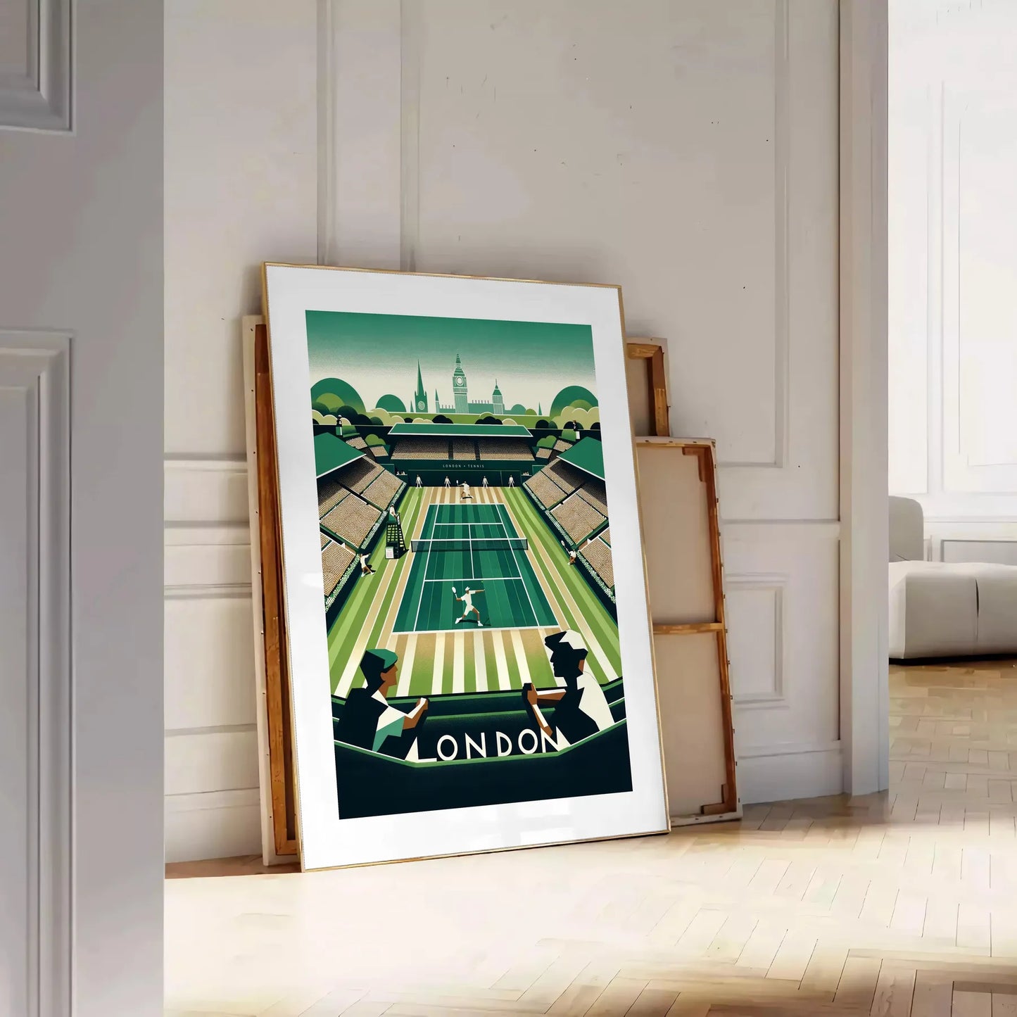 Art Deco Wimbledon tennis design highlighting Wimbledon’s legendary matches elegant living room interior framed print