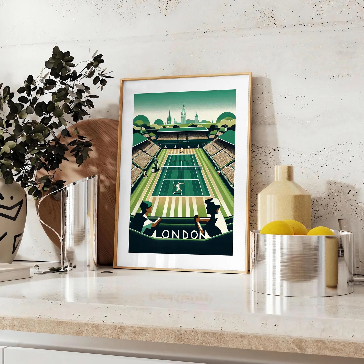 Vintage Wimbledon tennis print capturing the timeless charm of Wimbledon elegant living room interior framed print