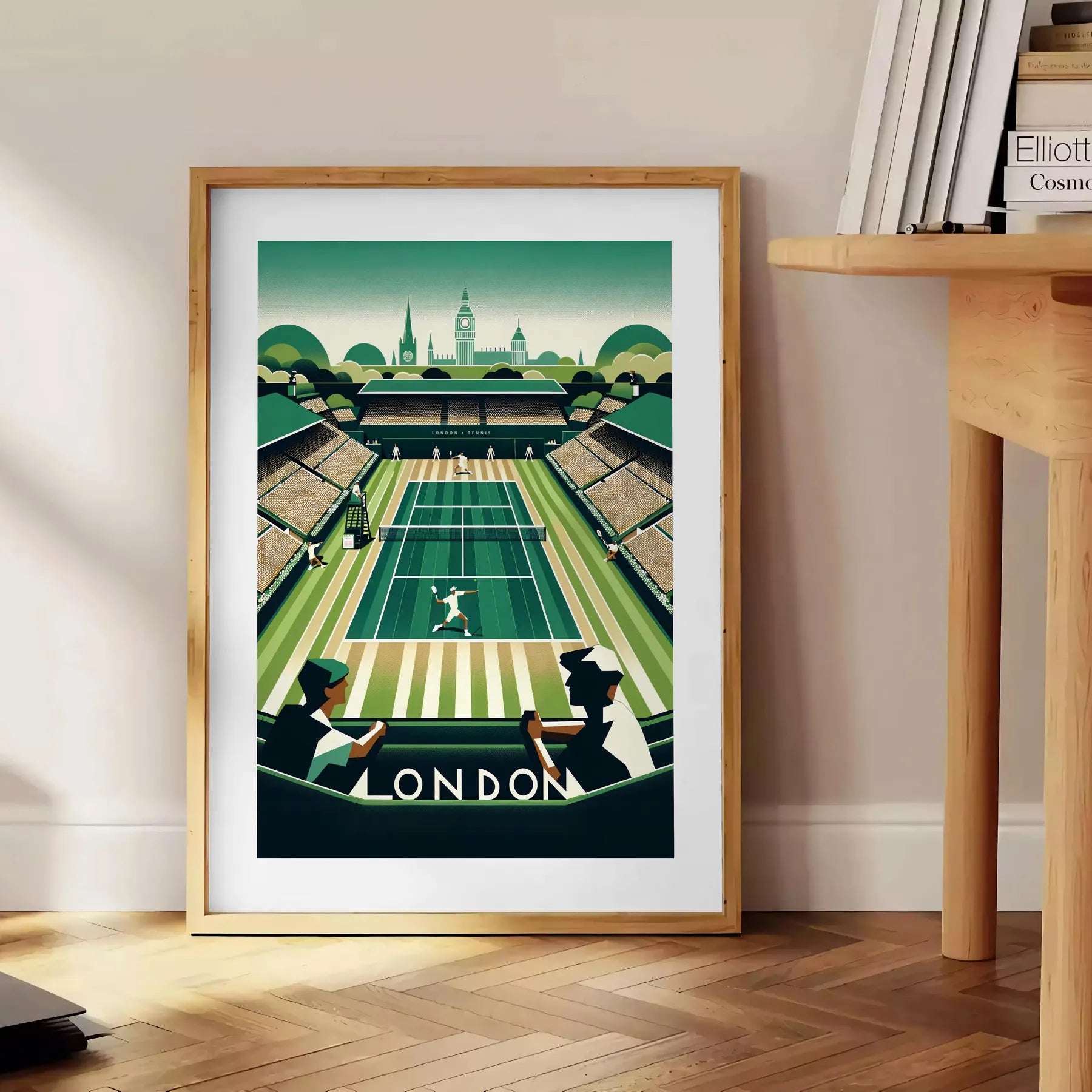 Art Deco Wimbledon tennis design highlighting Wimbledon’s legendary matches elegant living room interior framed print