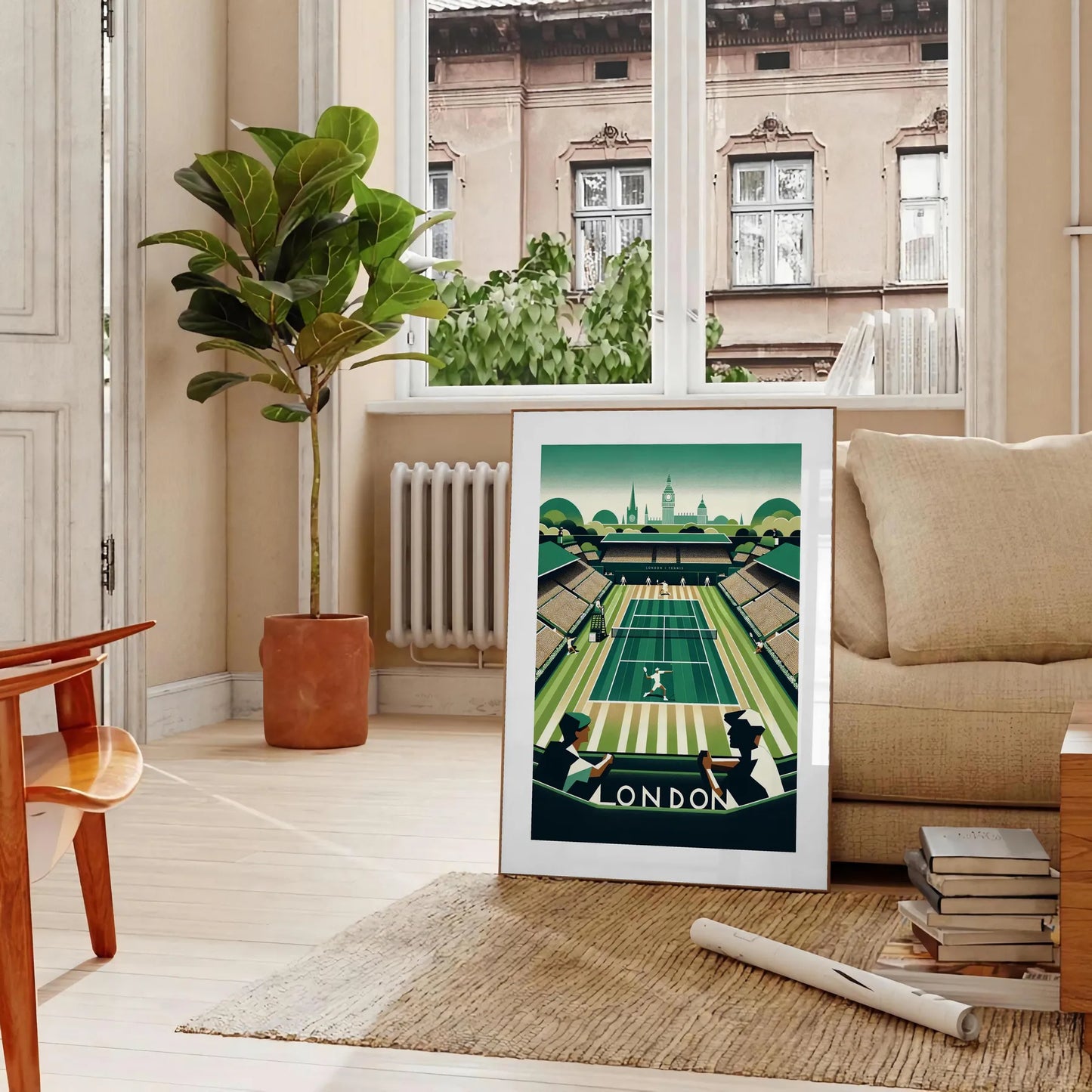 Classic Wimbledon tennis poster celebrating Wimbledon’s prestigious heritage elegant living room interior framed print