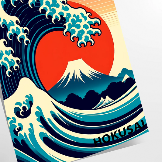 space vibrant Japanese art stunning Wave Ocean poster orange red hues artwork dynamic beauty nature unique gift eye wall various sizes A4 cm A0