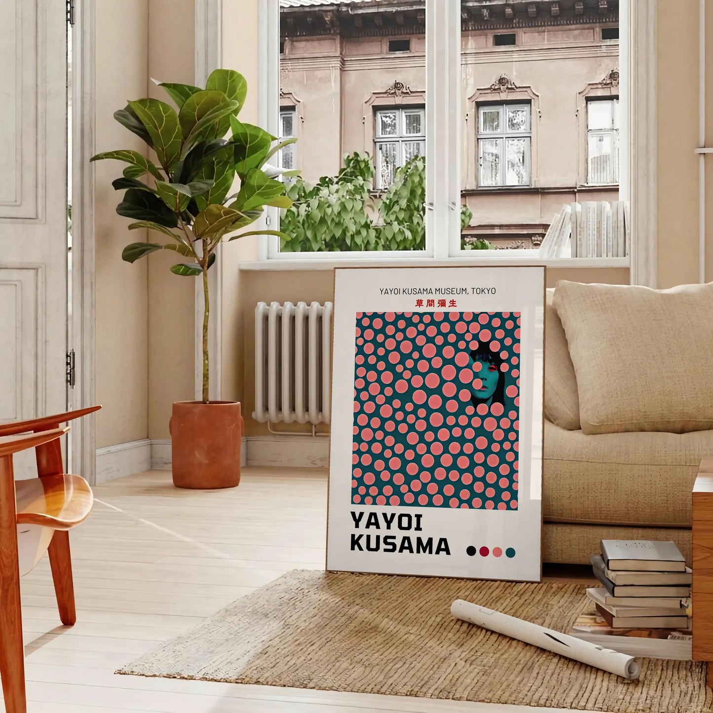 space vibrant Yayoi Kusama poster captivating green orange hues artwork perfect gift art enthusiasts home decor unique print addition A4 cm A0